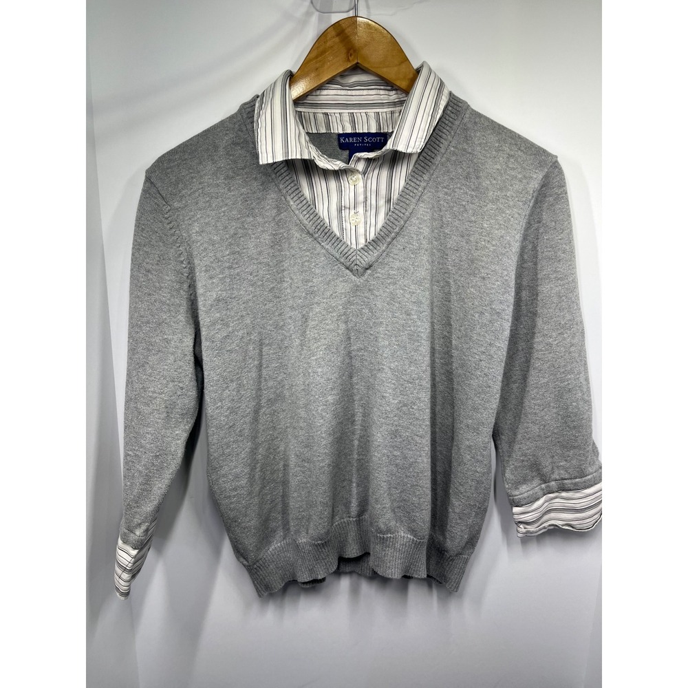 Karen Scott Petites Grey V-Neck Layered Look Sweater Striped Collar Size PL